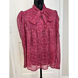 Joie Tie-Neck Blouse Womens Medium Magenta Paisley Sheer Top Puff Long Sleeve